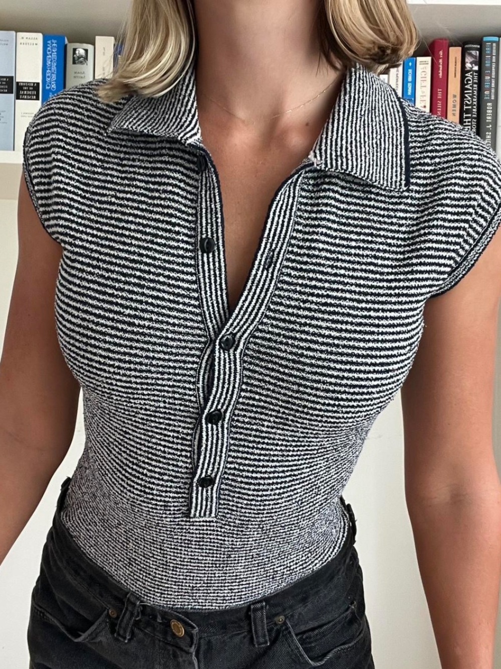 Zara Sleeveless Collared Knit Polo Bodysuit - Navy & White